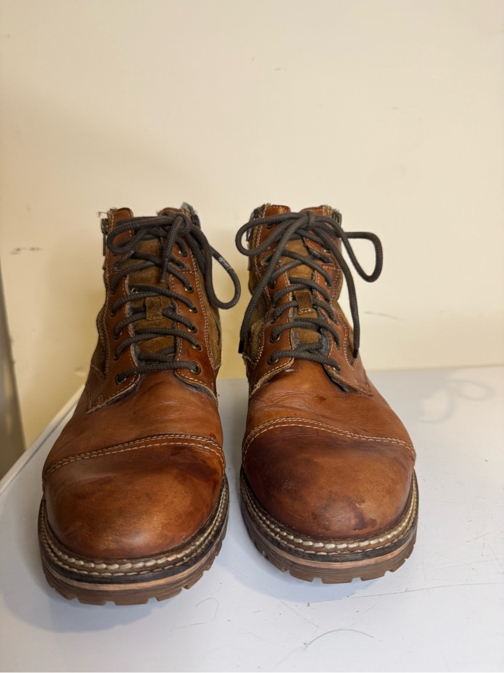 Crevo Men’s Brown Leather Suede Cap Toe Side Zip Buckle Boots